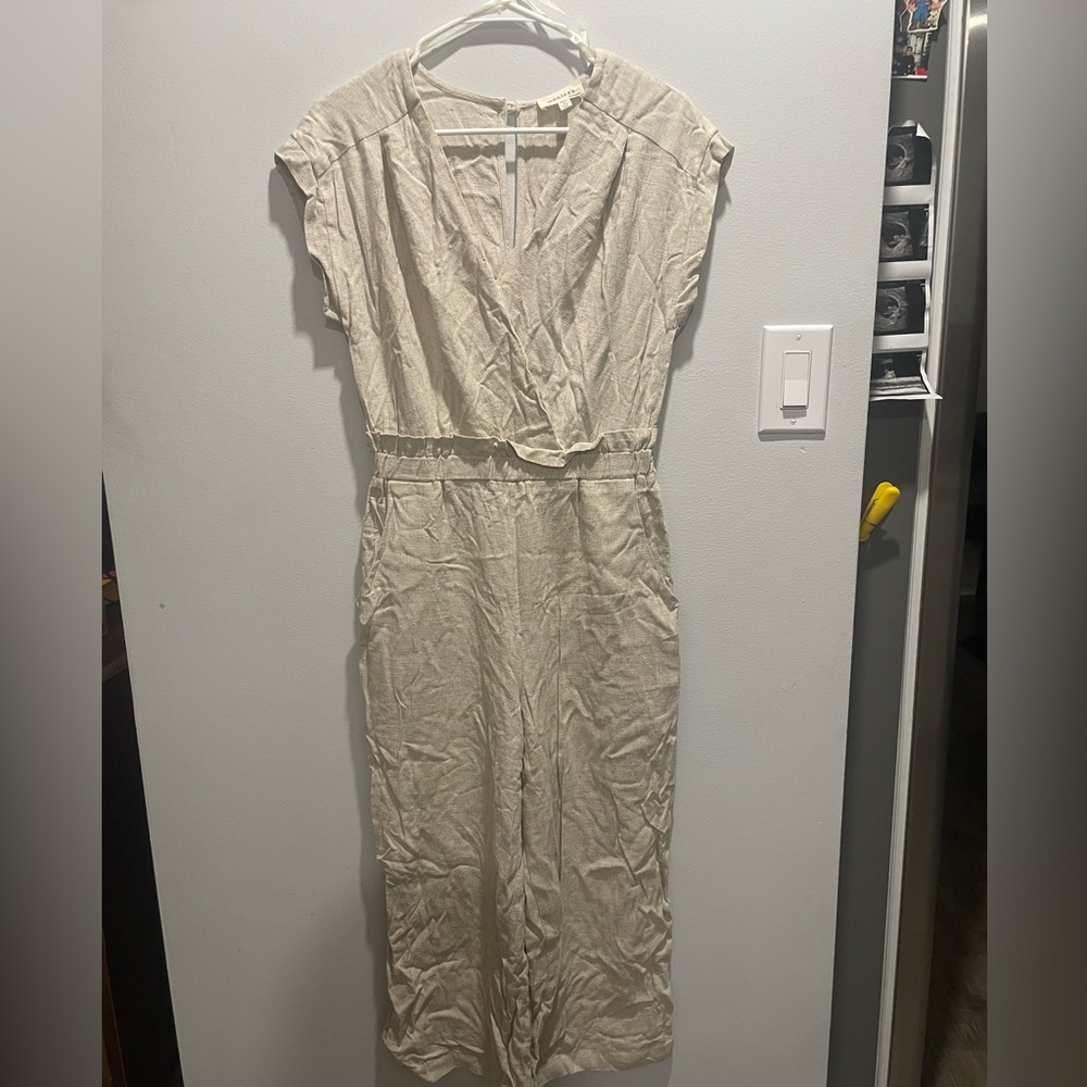 Monteau LA Women's Jumpsuit Natural Beige Linen Blend Sleeveless V Neck Size M